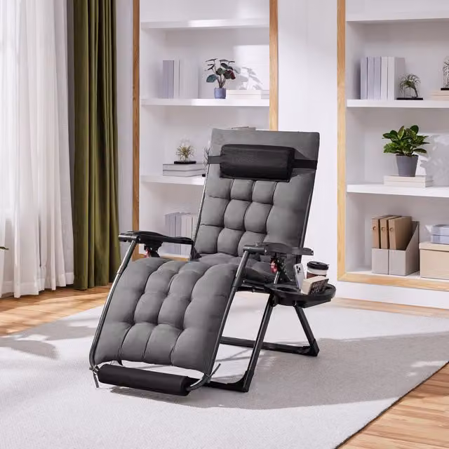 Yaheetech Foldable Lounge Chair with Adjustable Headrest and Armrests in Black and Grey