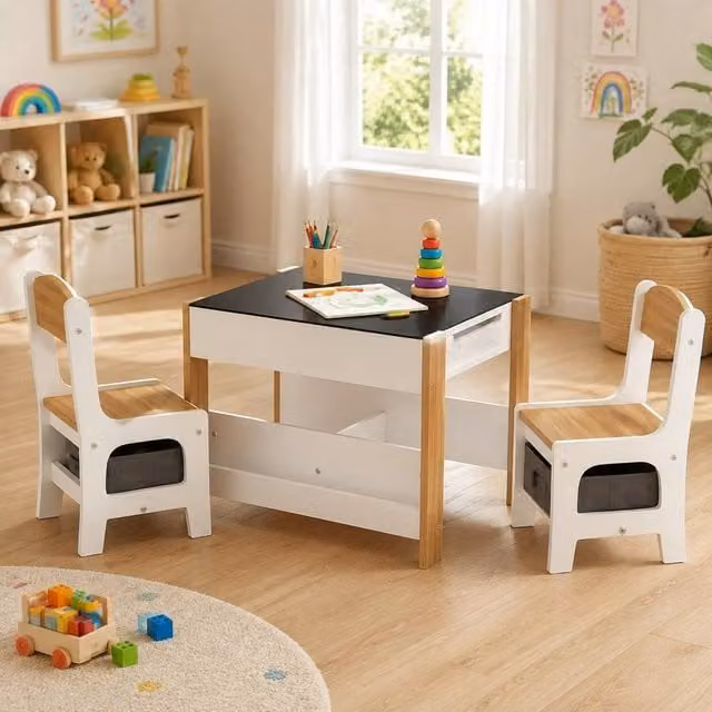 STILVORA Kids Table and Chair Set with Storage in Natural Wood and White