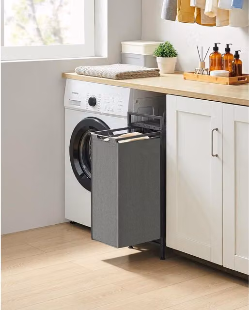 The Bazaarist Laundry Hamper with Pull-Out Removable Bag and Integrated Storage Shelf in Grey and Charcoal Grey