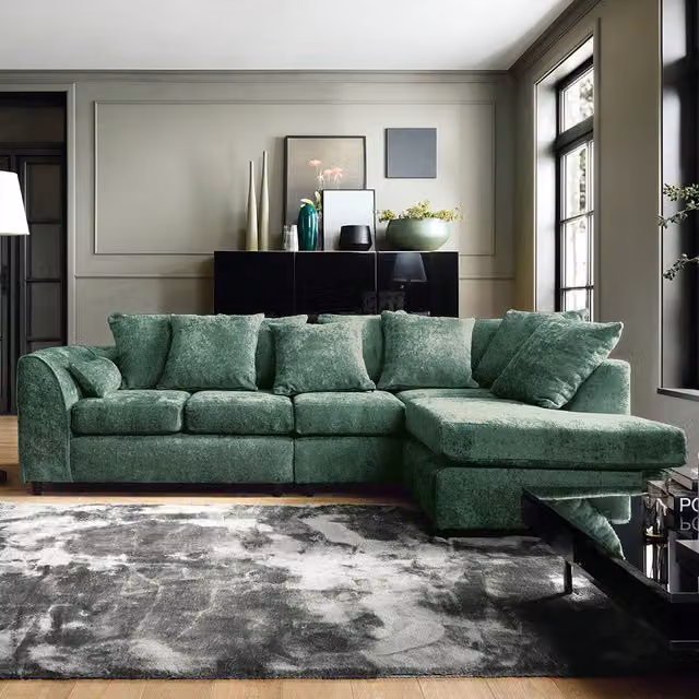 Abakus Direct Harriet Large Right Facing Corner Sofa in Rifle Green Crushed Chenille Fabric