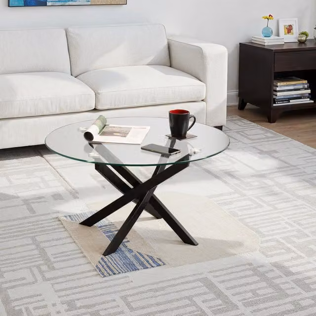 Seconique Sheldon Round Coffee Table with Black Metal Frame and Transparent Glass Top – 1