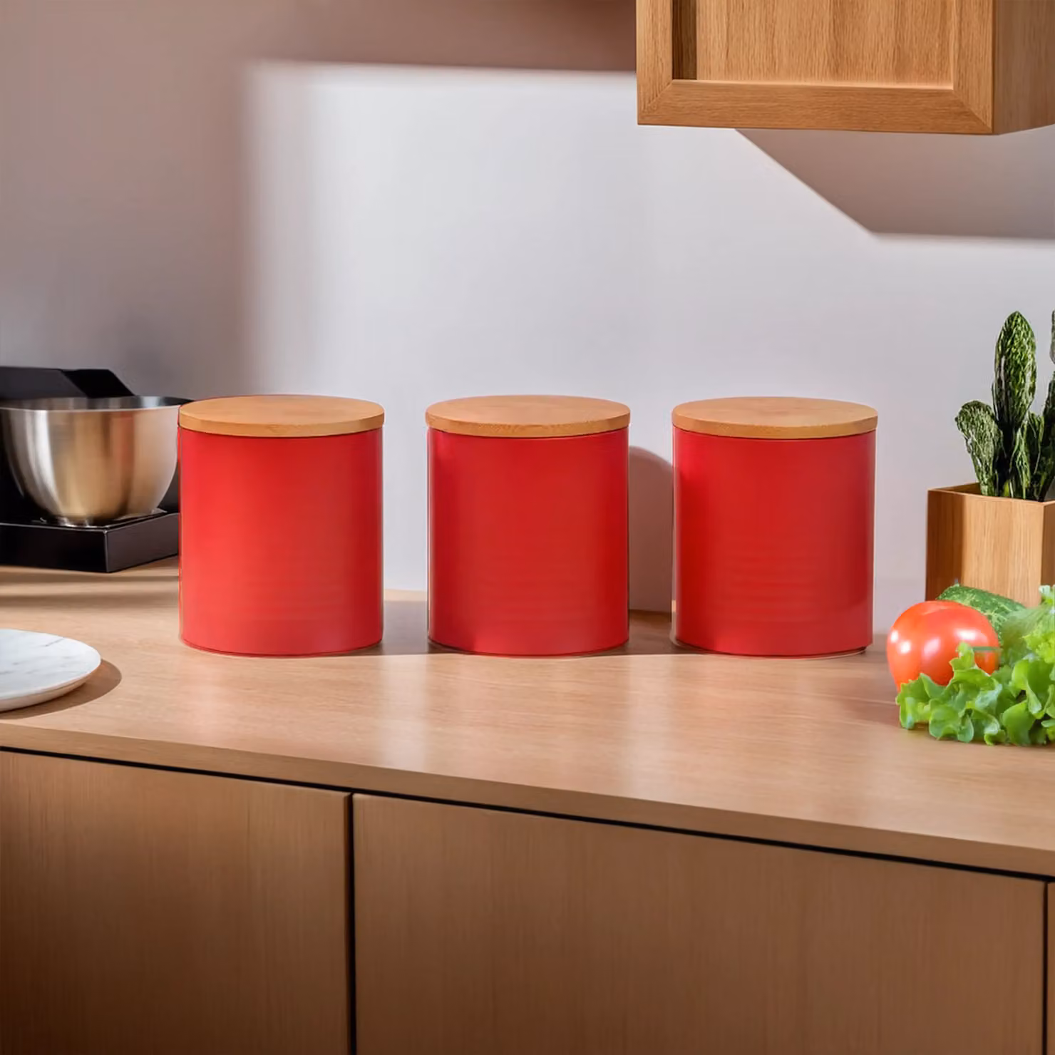 Orsina Set of Three Airtight Metal Kitchen Canisters with Bamboo Lids in Red and Grey – 2