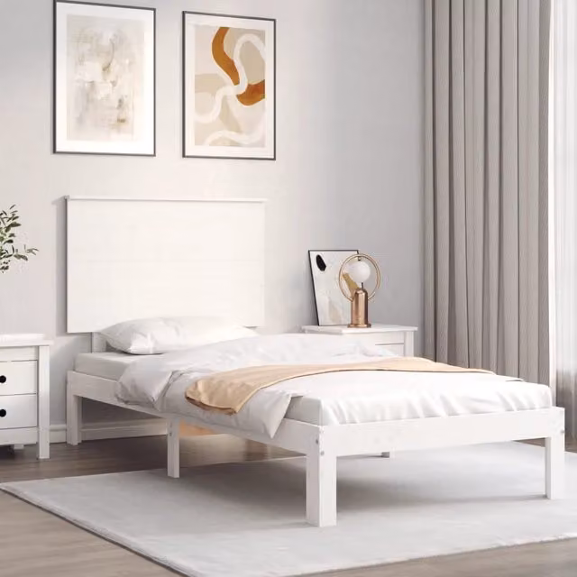 Berkfield Home White Solid Wood Bed Frame with Headboard W/D/H: 100 x 200 cm – 1