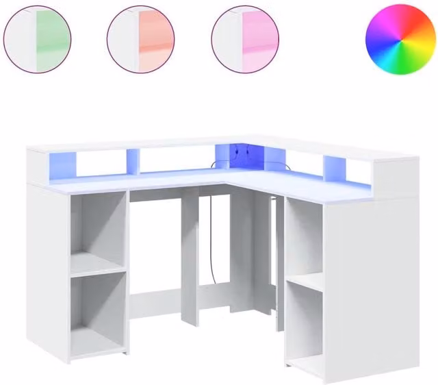 Berkfield Modern White Corner Home Office Desk with LED Lights, W/D/H: 130 x 130 x 91 cm
