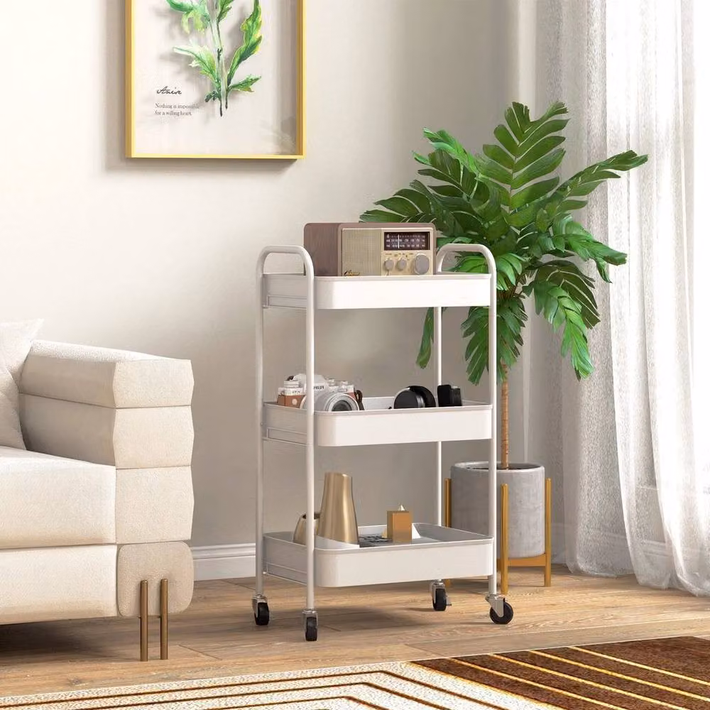 PAWNORA 3 Tier Rolling Utility Cart in White Matt Metal – 3
