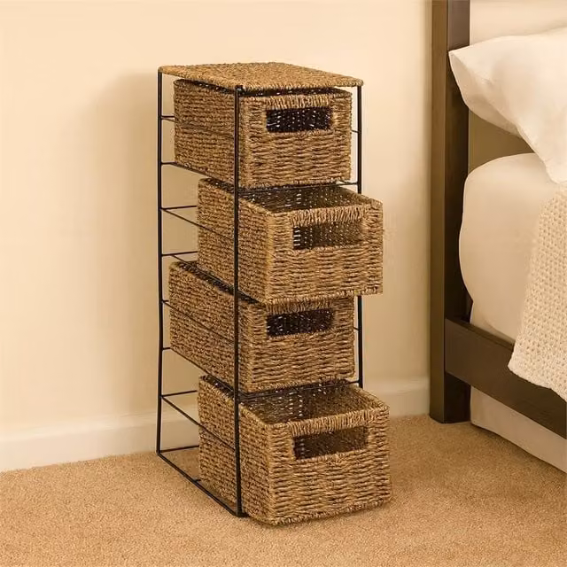 VOGREX Slim 4 Drawer Bathroom Storage Unit in Brown with Rattan and Metal Details – 1