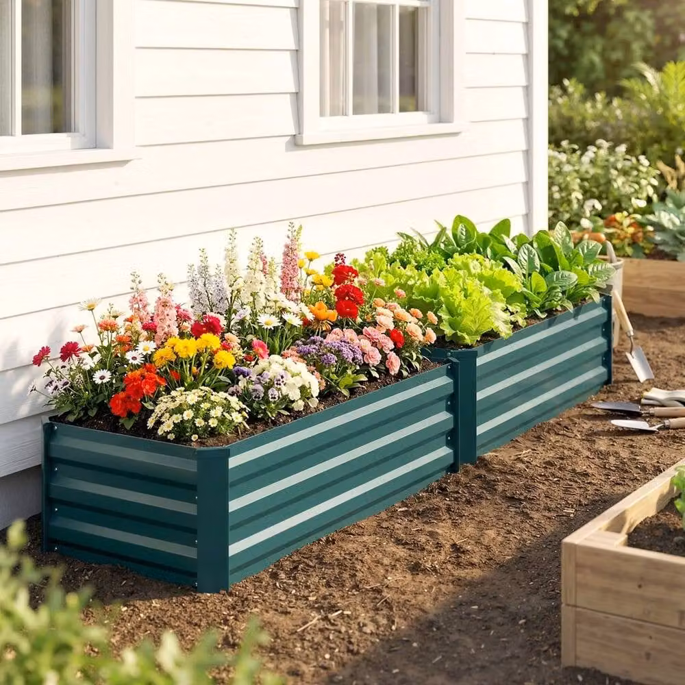 VOGREX Set of 2 Green Galvanised Steel Raised Garden Bed Planter Boxes W/D/H: 60 x 60 x 30 cm – 4