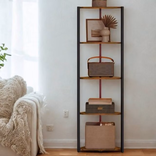 Pirlo Plush Industrial 5 Tier Free-Standing Corner Shelf with Integrated LEDs in Rustic Brown – 1
