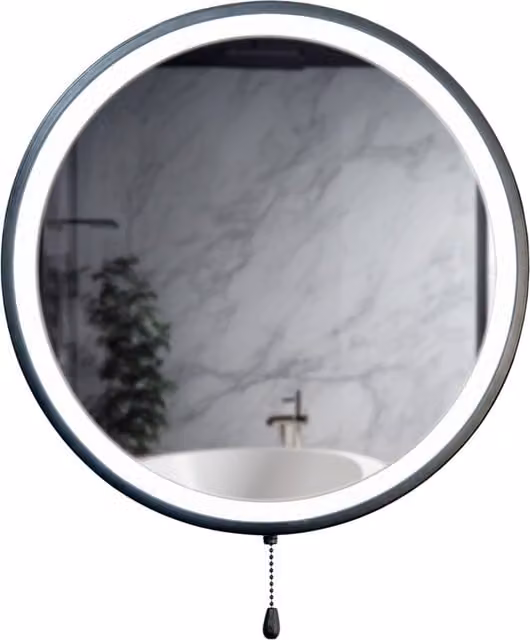 ValueLights Round LED Bathroom Mirror with Pull Chain, Battery Operated, IP44 Rated, Black