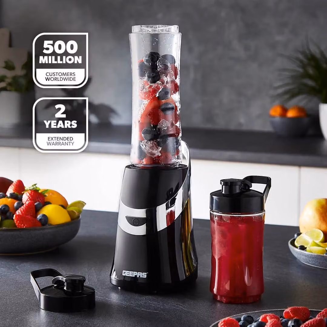 Geepas 350W Personal Blender Smoothie Maker with 2 Tritan Bottles and Stainless Steel Blades in Black – 2