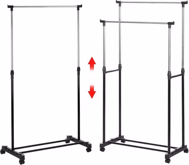 NESTLUNE Double Pole Adjustable Mobile Clothes Garment Hanging Rail Rack in Matt Black