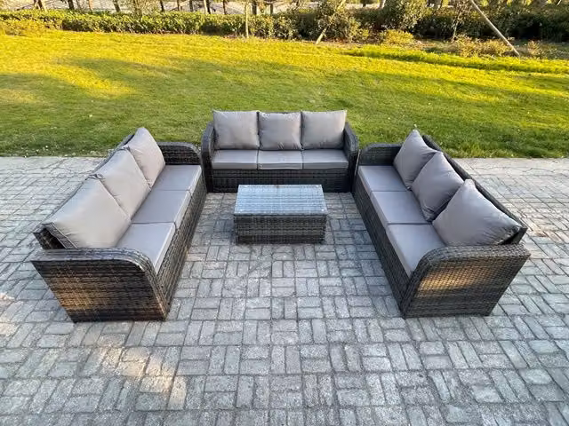 Fimous 9 Seater Rattan Garden Furniture Set with Rectangular Coffee Table in Dark Grey