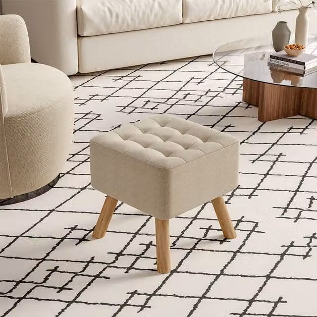 Livingandhome Scandinavian Style Beige Fabric Cube Footstool with Wooden Frame and Legs
