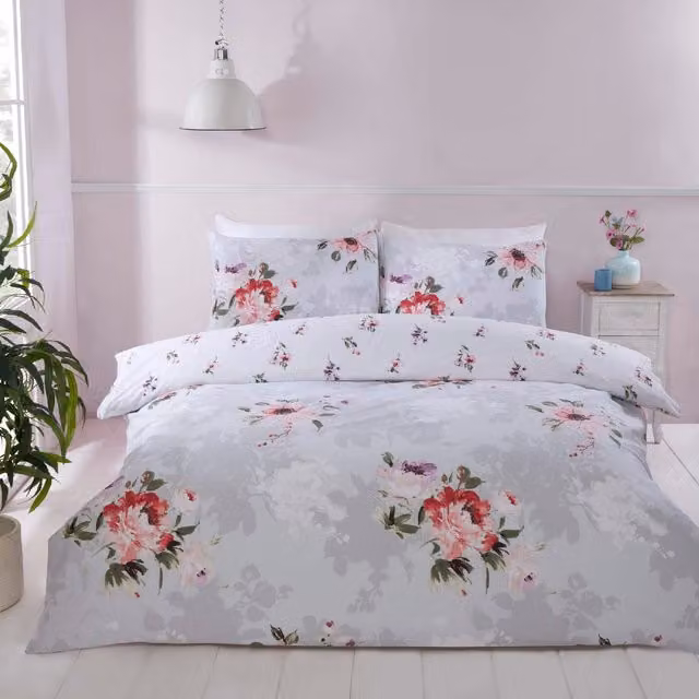 Rapport Home Grey Floral Microfibre Reversible Duvet Cover Set, W/H: 180 x 200 cm