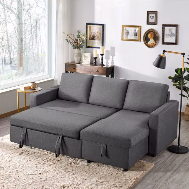 Yaheetech Reversible L-Shaped Sofa Bed with Pull Out Storage in Dark Grey Fabric