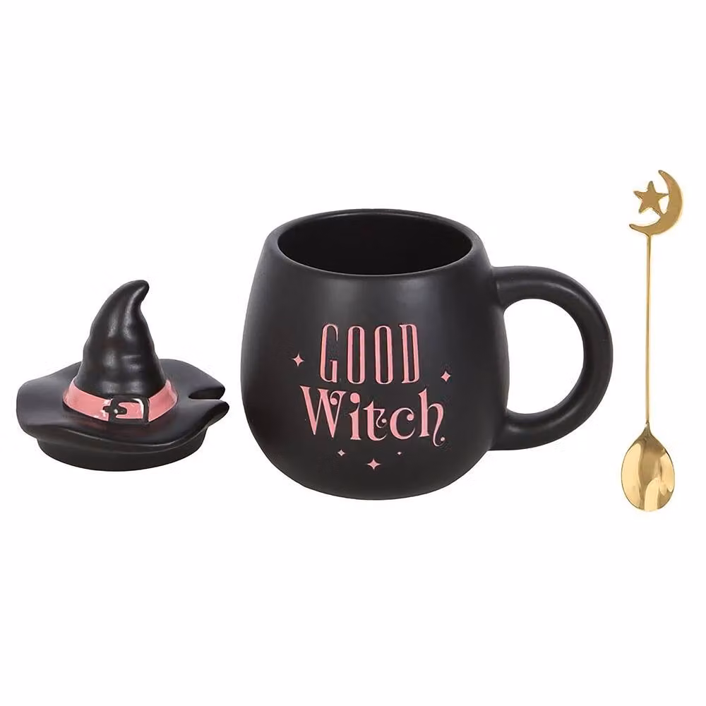Marco Paul Good Witch Ceramic Lidded Mug with Spoon in Black and Gold, 450ml – 2