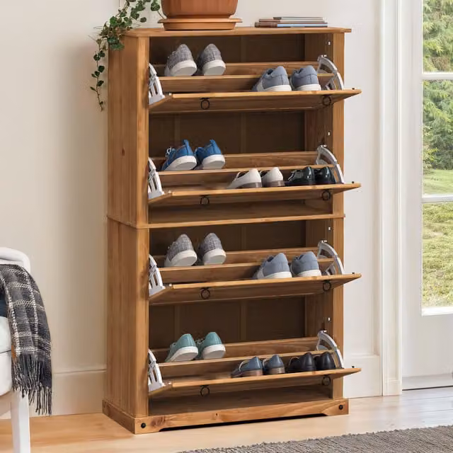 Mercers Furniture Corona Rustic Pine 4 Shelf Shoe Rack Chest in Brown and Grey with Tilting Compartments W/D/H: 99 x 32 x 164 cm