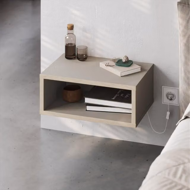 Decortie Brik Modern Floating LED Bedside Table in Light Sand Oak, W: 45 cm