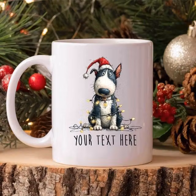 60 SECOND MAKEOVER Personalised Bull Terrier Christmas Lights Santa Hat Ceramic Mug in White
