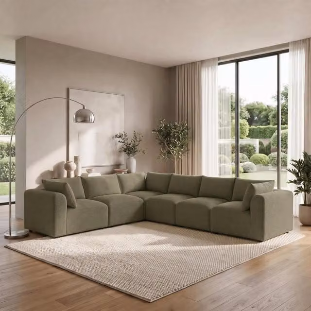 Furniturebox UK Drift 5 Seater L-Shaped Modular Corner Sofa in Green Boucle Fabric