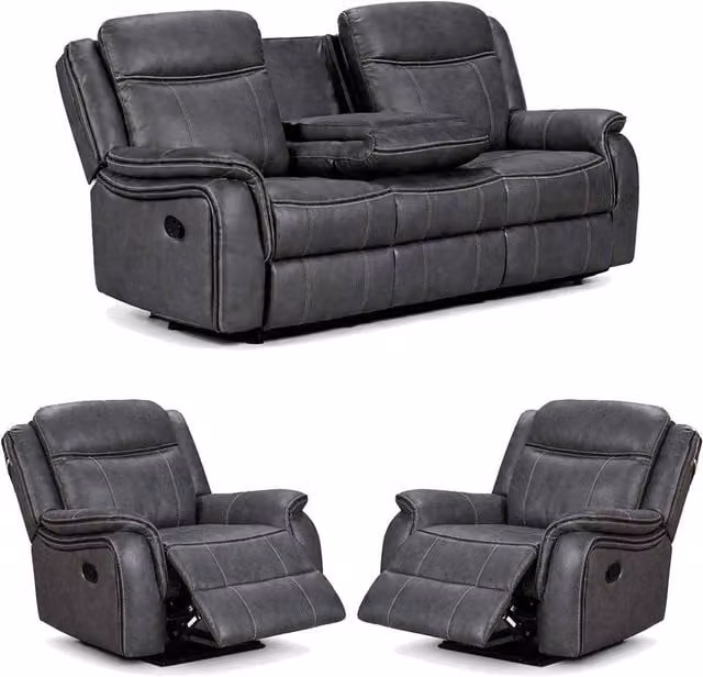 Furnishings For Less UK Tara 3 Piece Reclining Sofa Suite in Grey Fabric and Leather Look, including 3 Seater Sofa and 2 Armchairs – 1