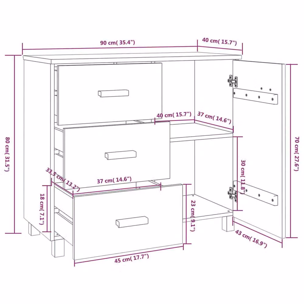Berkfield Home HAMAR Sideboard in Light Grey Solid Pinewood, W/D/H: 90 x 40 x 80 cm – 4