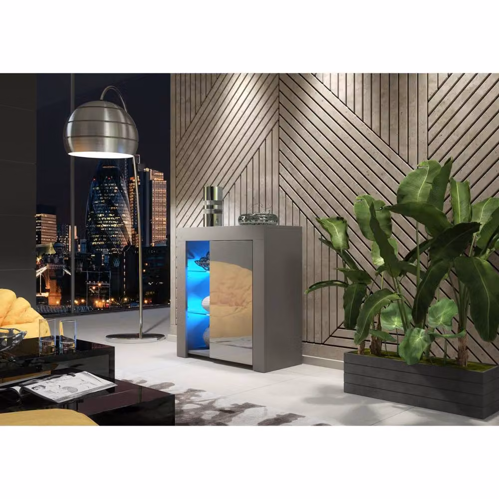 Mex Furniture LTD Serene Sideboard in Dark Grey with Glossy Doors and Integrated LED Lighting, W: 83 cm, H: 75 cm, D: 35 cm – 2