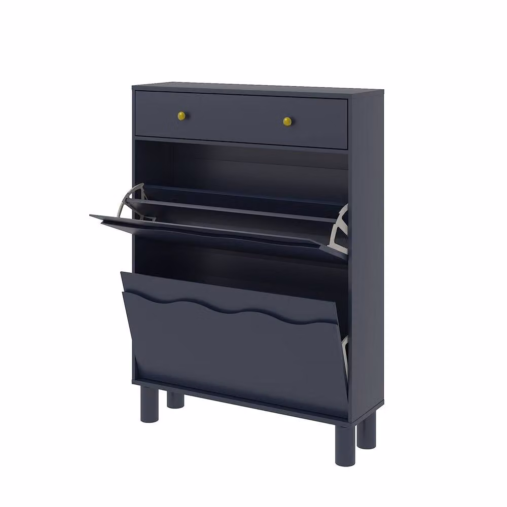 KEEPREAPER Modern Freestanding Blue Wood Shoe Cabinet with Tilting Compartments and Internal Shelves, H: 110 cm, W: 80 cm, D: 24 cm – 2