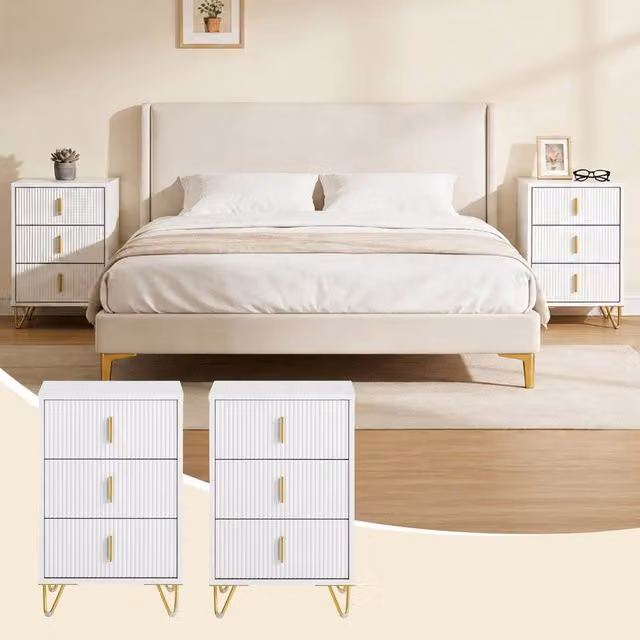 SoBuy Set of 2 White Bedside Tables with 3 Drawers, Ribbed Front and Gold Legs, Height: 63 cm – 1