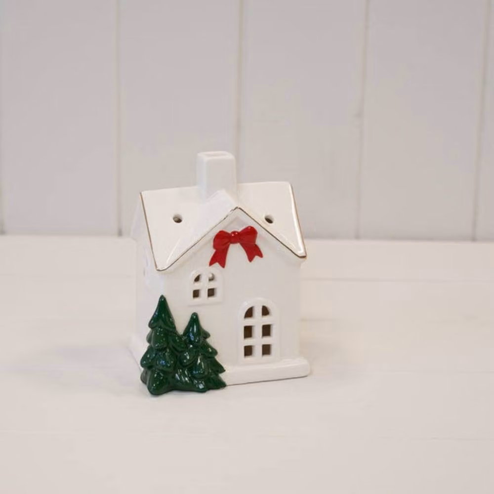 Four Candle Medium Christmas Tabletop Ceramic Decoration in White with Red Bow