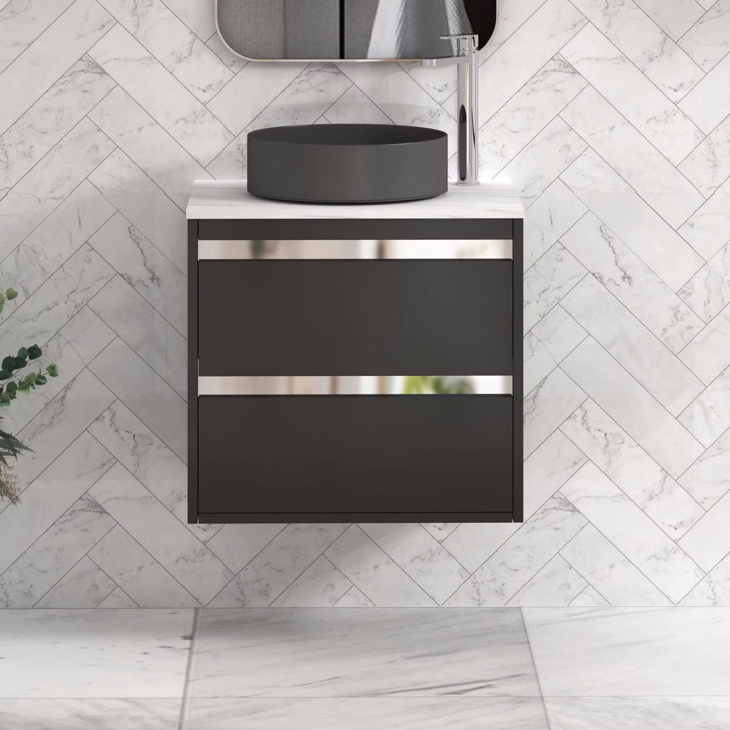 Royal Bathrooms Orion 600mm Matt Obsidian Black Wall Hung Countertop Vanity Unit with 2 Drawers, Art Round Basin and Chrome Accent Trim