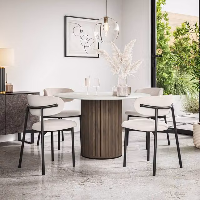 More4Homes Arlo White Marble Round Dining Table with Walnut Legs and 4 Myla Beige Linen Dining Chairs Set