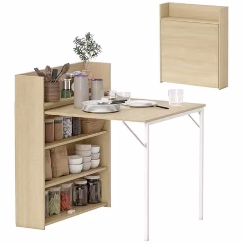 HOMCOM Folding Dining Table with 4-Tier Shelves in Oak Wood Effect and White – 1