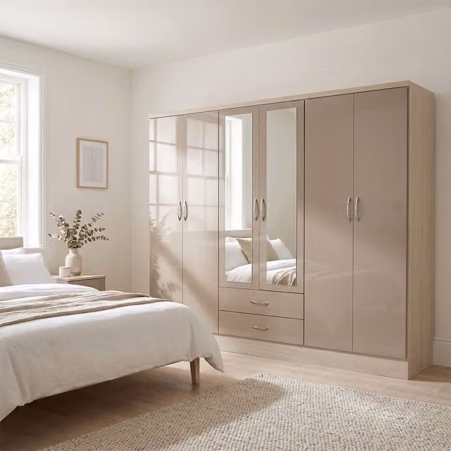 Seconique Nevada 6 Door 2 Drawer Mirrored Wardrobe in Oyster Gloss and Oak – 2
