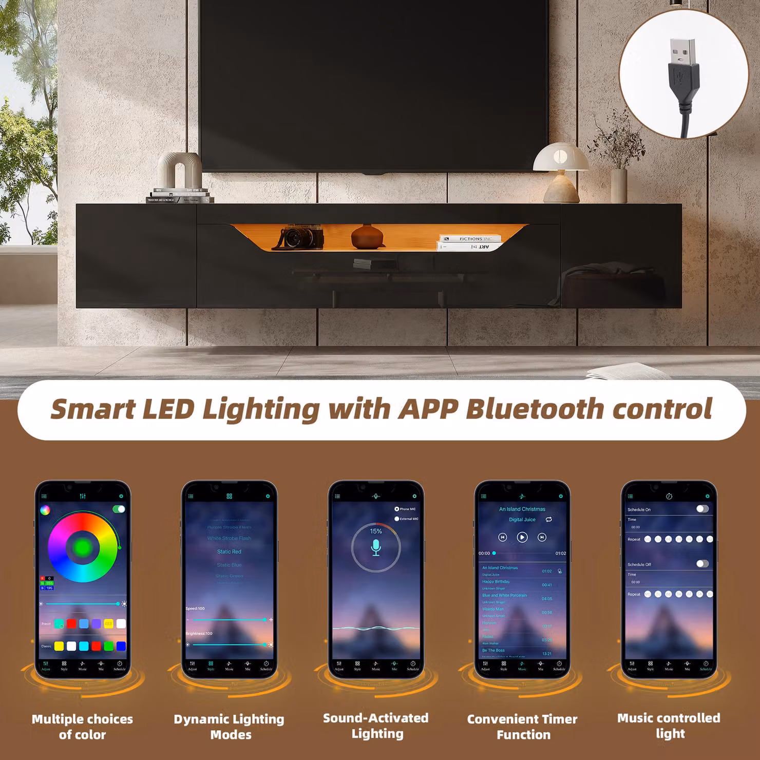 Aosom UK Black Floating TV Stand with App-Controlled LED Strip and Pull-Down Door, W: 180 cm, D: 37 cm, H: 36 cm – 4