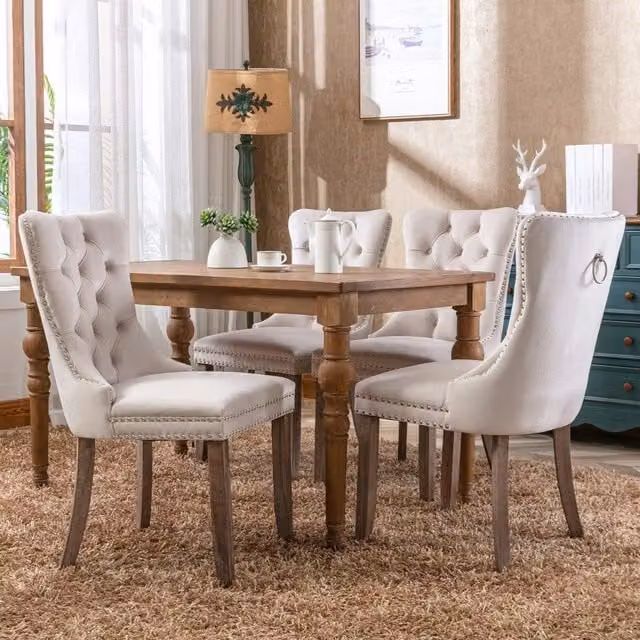 HomeTouch Taylor Set of 6 Beige Velvet Upholstered Kitchen Dining Chairs with Pull Knocker Back and Oak Wood Frame