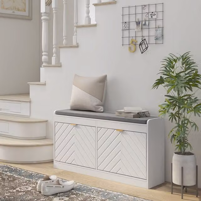 HOMCOM Shoe Storage Bench with 2 Flip Drawers, Cushion and 2 Vents in White and Gold