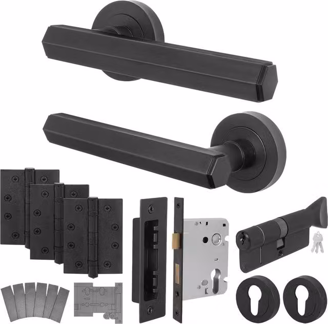 AFIT Black Fire Door Handle Euro Lock Thumbturn Cylinder Set with Hinges