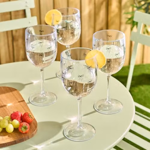 OHS Set of 4 Reusable Plastic Bow Print Wine and Champagne Glasses in Black and Transparent – 2