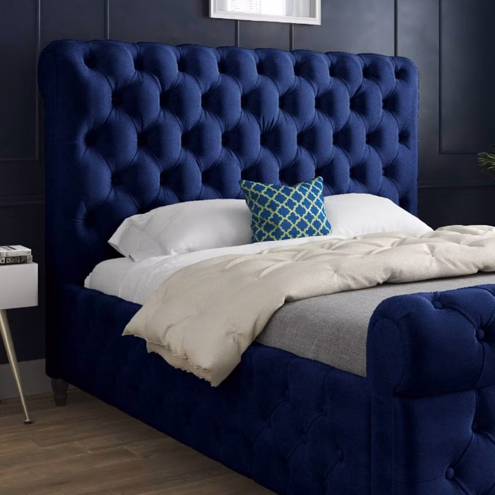 Casani Stenton Sleigh Upholstered Blue Velvet Designer Bed Frame, W: 90 cm, D: 200 cm – 3