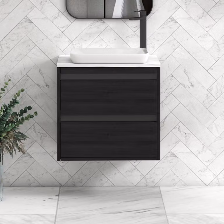 Royal Bathrooms Orion 600mm Hale Wall Hung Vanity Unit with Qubix Basin in Black and Carrara White
