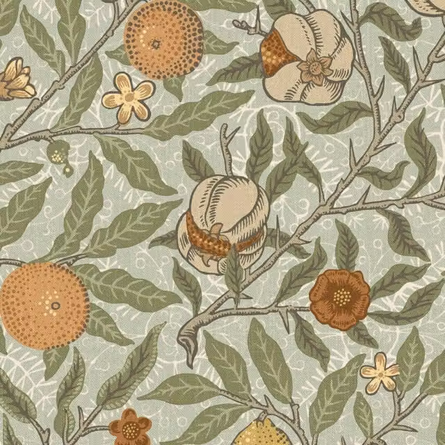 William Morris At Home Fruit Floral Cotton Velvet Fabric in Lichen Green, Orange and Multicolour
