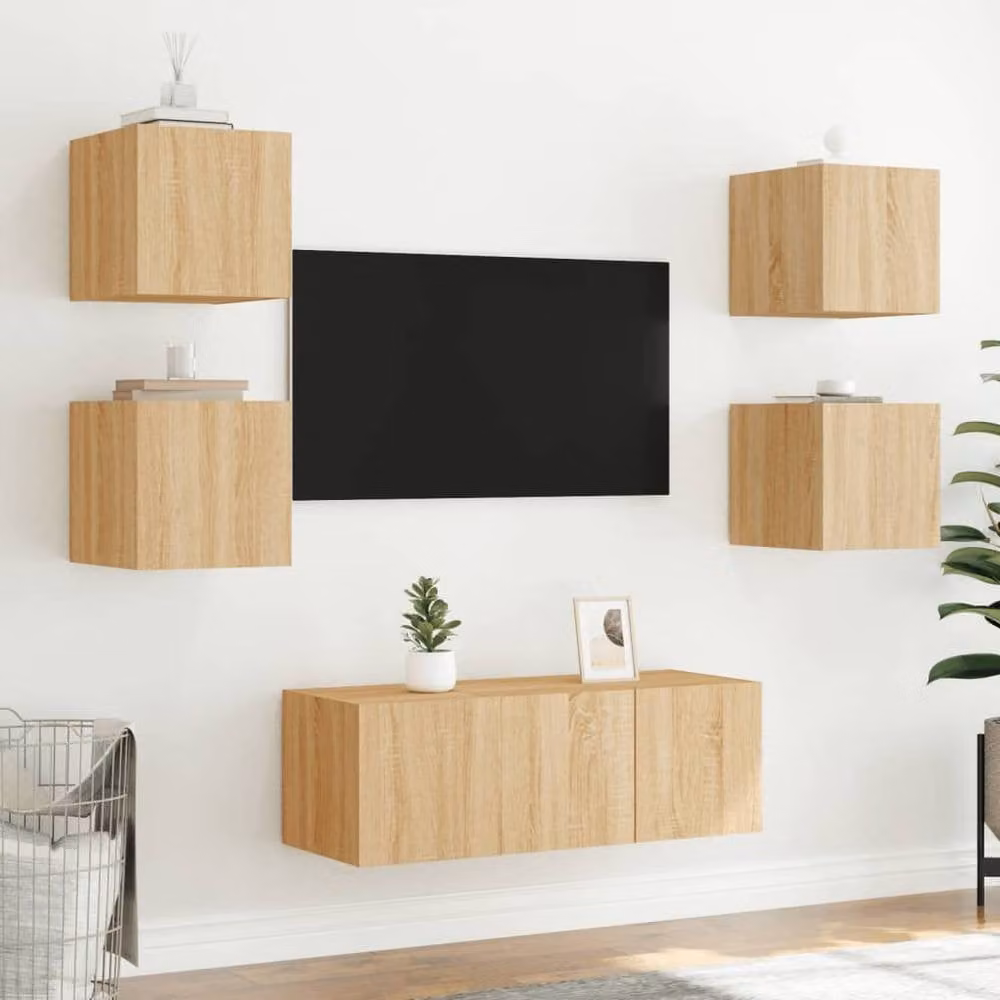 Berkfield Home Set of 2 TV Wall Cabinets with LED Lights in Sonoma Oak and Light Tan, W/D/H: 30.5 x 35 x 30 cm – 3