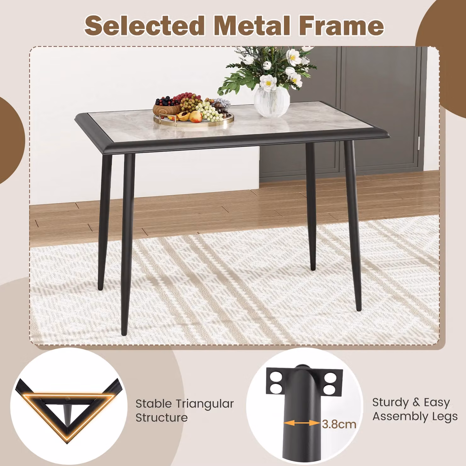 Gymax Modern Rectangular Sintered Stone Dining Table in Grey and Black, W: 110 cm, D: 70 cm, H: 75 cm – 3