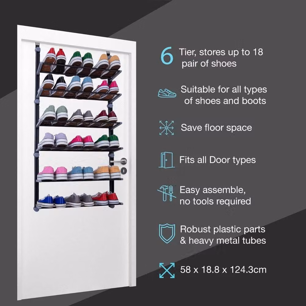FORGEVIO 6-Tier Foldable Over Door Shoe Rack with Non-Slip Metal Bars in Black – 3