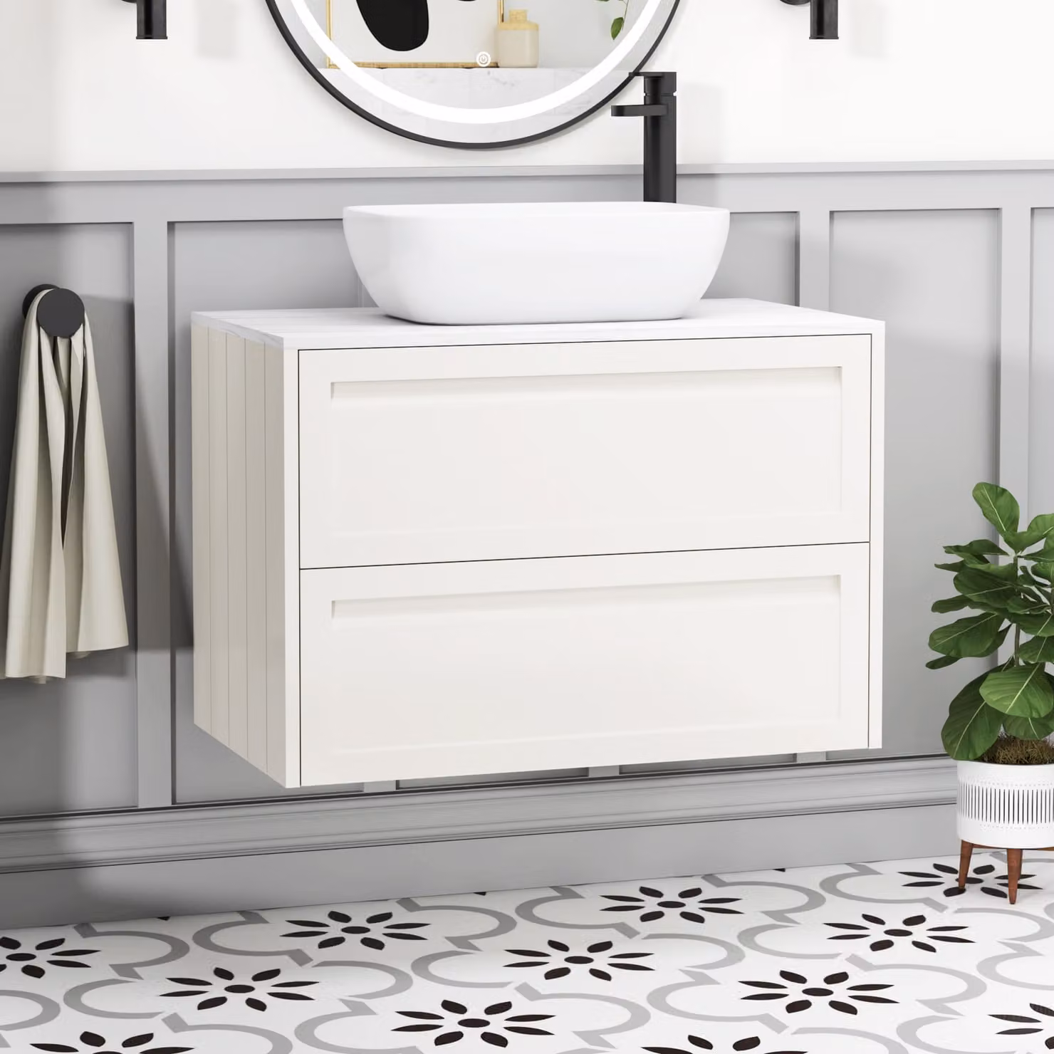 Royal Bathrooms Elmore 800mm Classic White Wall Hung 2 Drawer Vanity Unit with Elva Basin