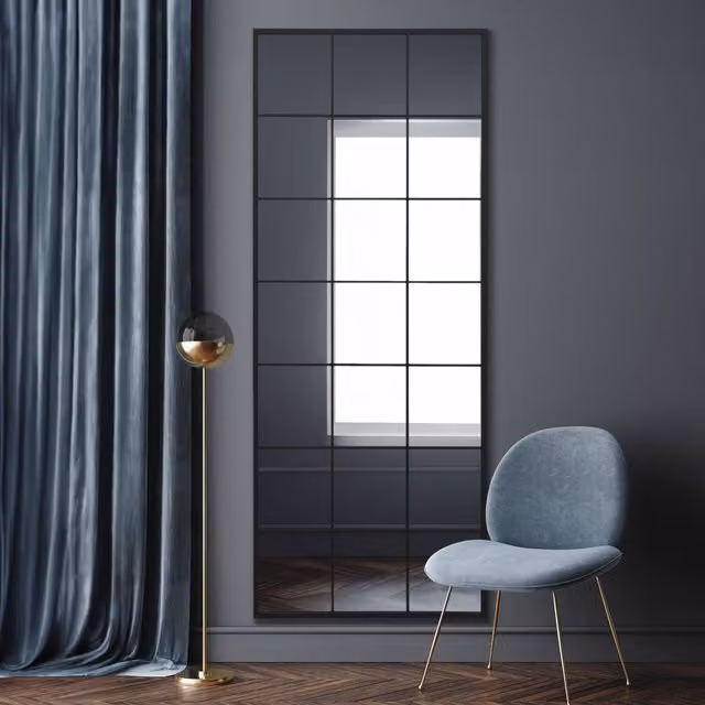 MirrorOutlet Fenestra Modern Metal Window Leaner Wall Mirror in Black, H 200 x W 80 cm