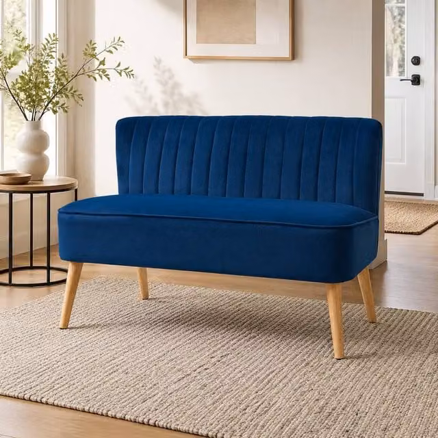 STILVORA Two-Seater Modern Blue Velvet Upholstered Sofa with High Back and Foam Seating