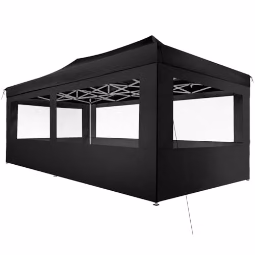tectake Folding Pop Up Gazebo with Aluminium Frame and 4 Sidewalls with Windows, Black, W: 600 cm, D: 300 cm, H: 280 cm – 1