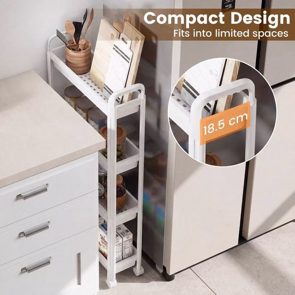 Kelvenix 4-Tier Narrow Mobile Shelving Unit Slim Rolling Storage Cart in White – 2